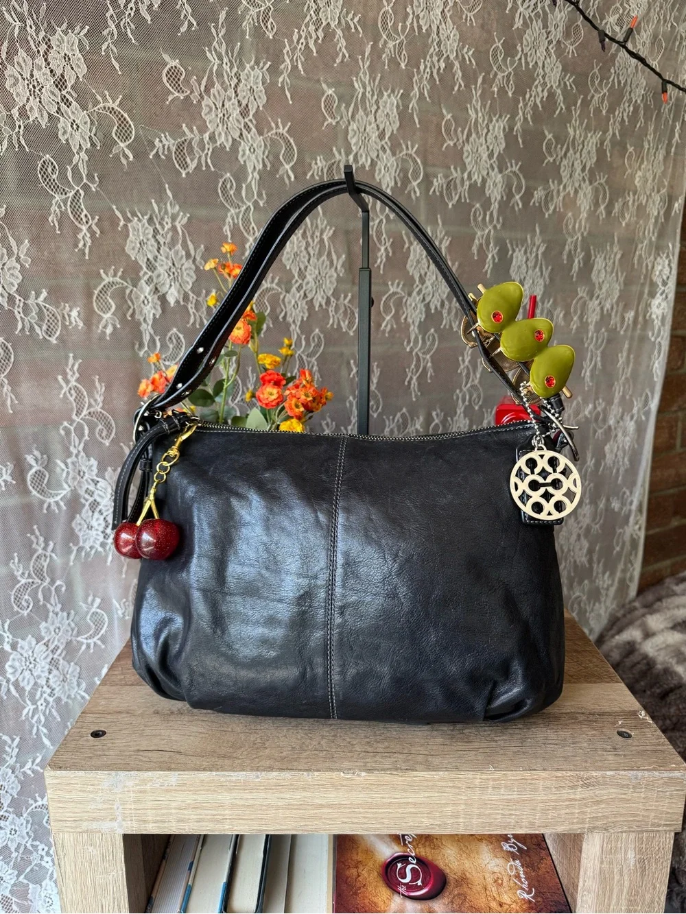 Coach Black Leather Shoulder Bag with Cherry Charm